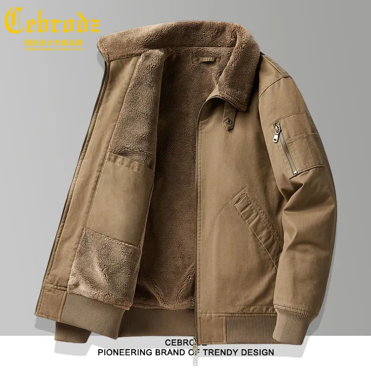 法国Cebrodz男士羊羔绒翻领夹克纯棉中年商务加厚保暖爸爸装棉袄