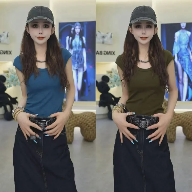 星宝私服韩国高定罗纹辣妹U领弹力修身显瘦包肩袖早秋款四季可穿