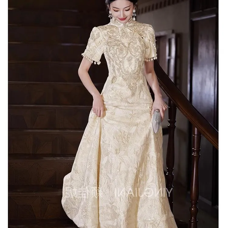 特大码胖晚礼服胖妹妹遮肚高级感200斤显瘦加大绝美订婚敬酒服