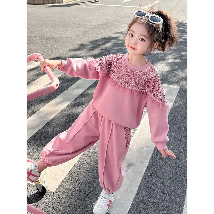 FAVMARTHA女小童亮片卫衣套装春秋款女宝宝洋气休闲裤春装小女孩