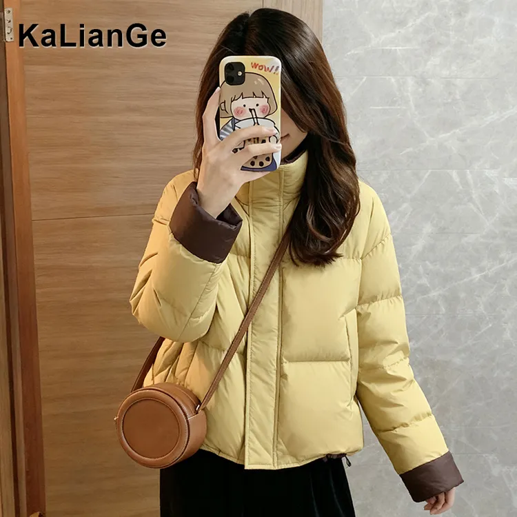 卡莲格/韩系撞色立领棉服短外套女冬季小个子保暖羽绒手塞棉棉衣