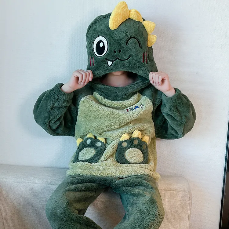 2025秋冬季搞怪睡衣保暖男女童法兰绒卡通儿童家居服加绒加厚套装