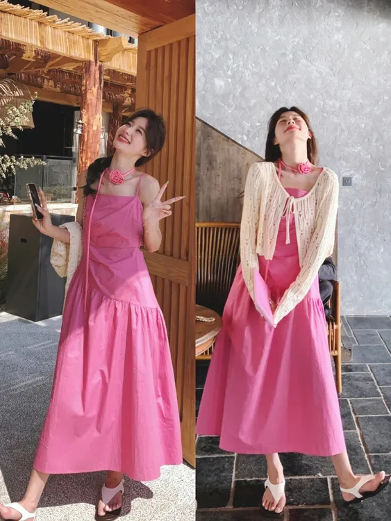 春季新款大码胖mm度假风镂空开衫遮肉显瘦不规则压褶连衣裙两件套