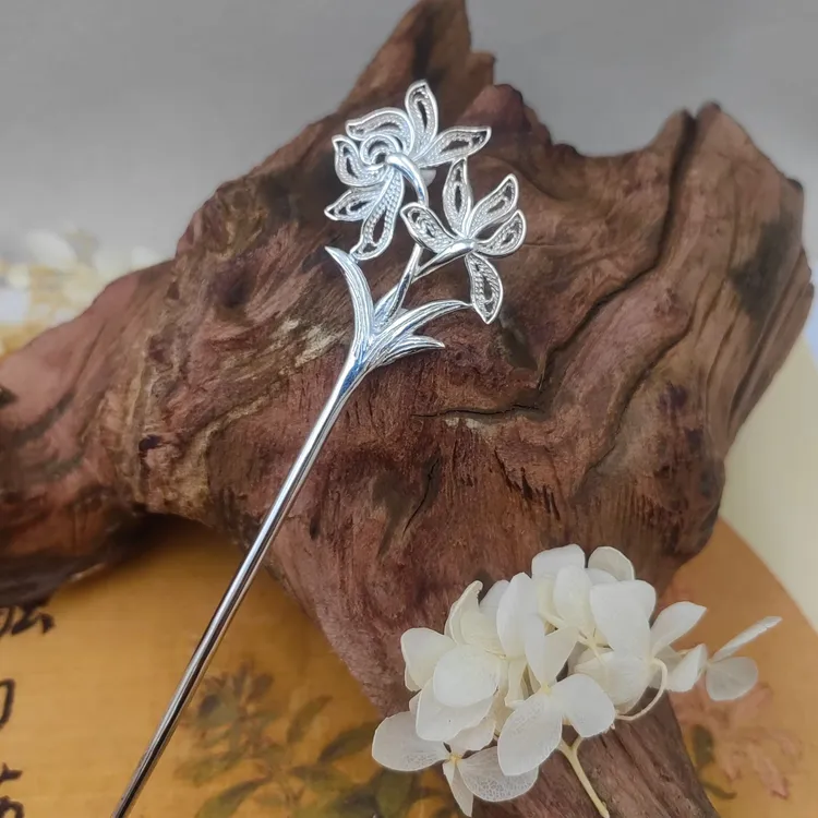 足银银制品 手工掐丝足银传统中国风民族风高级感百合发簪女绾发