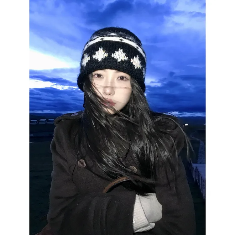 韩系复古提花费尔岛针织毛线帽女秋冬保暖显脸小包头帽时髦卷边冷