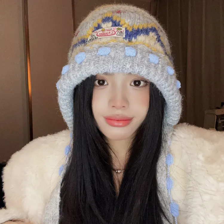 费尔岛复古针织巴拉克拉法帽女秋冬显脸小包头帽加厚保暖护耳帽子