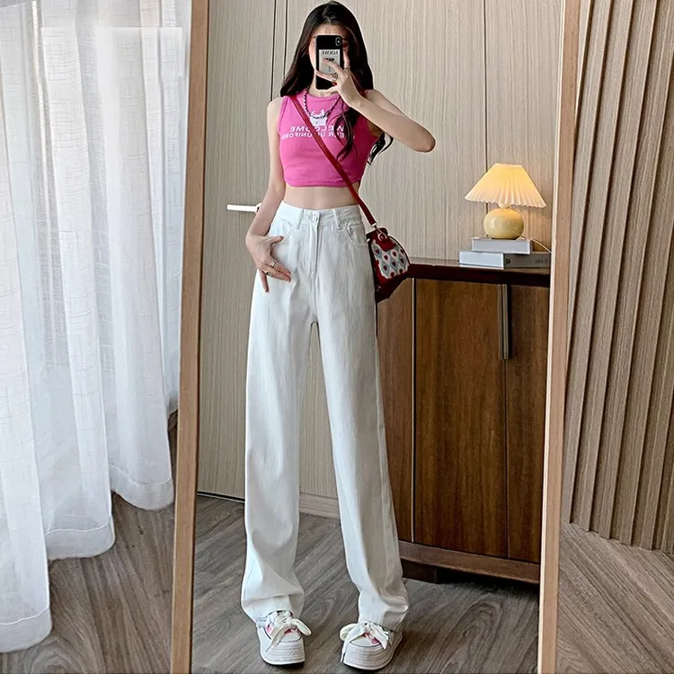 白色阔腿牛仔裤女2025年夏季薄款高腰显瘦宽松网红直筒垂感拖地裤