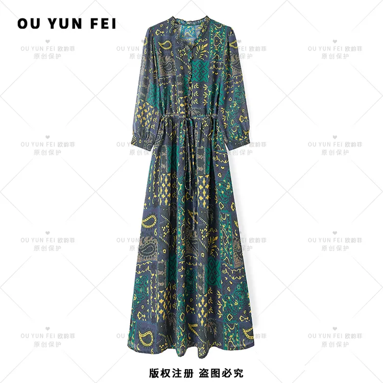 高级感连衣裙女新款气质显瘦穿搭时尚洋气印花长裙F2118