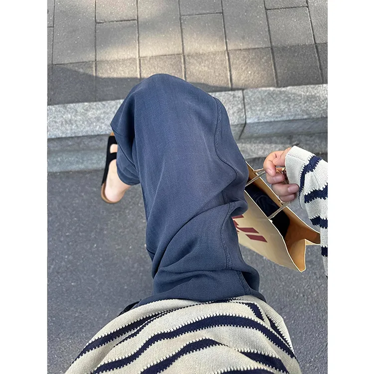 藏青色慵懒亚麻山本裤子女夏薄款冰丝垂感棉麻阔腿裤宽松直筒长裤