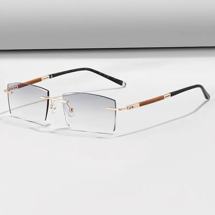 无框钛镜男钛架配有度数散光仿木镜腿无边框多边形变色防蓝光潮架