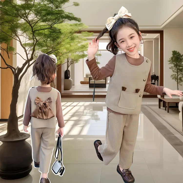 三件套宝宝韩版潮衣女童春装马甲套装洋气2025新款儿童网红蝴蝶结