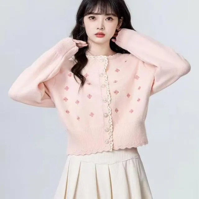 粉色蕾丝花边针织开衫女2025春秋新款设计感刺绣毛衣外套短款上衣