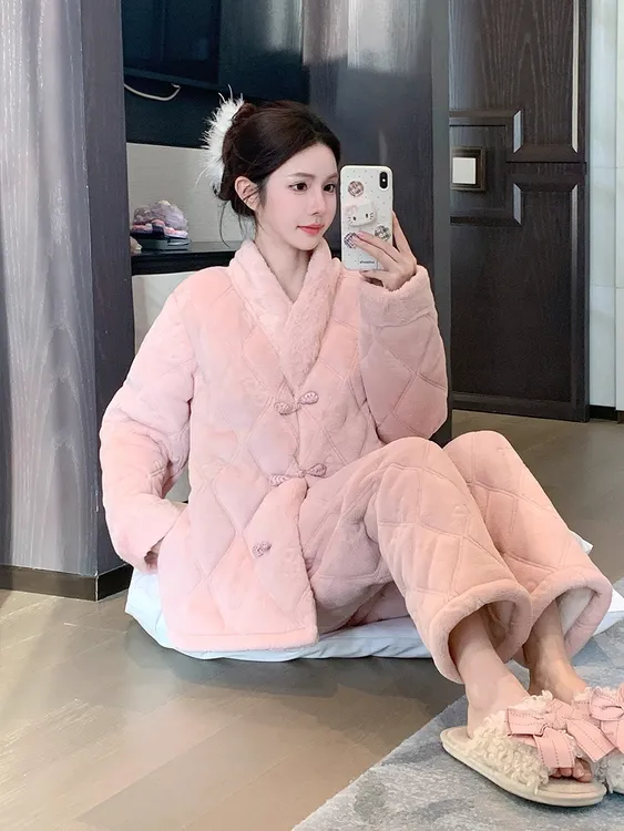 2025新款中式睡衣女冬季三层夹棉袄加绒加厚国风珊瑚绒家居服外穿