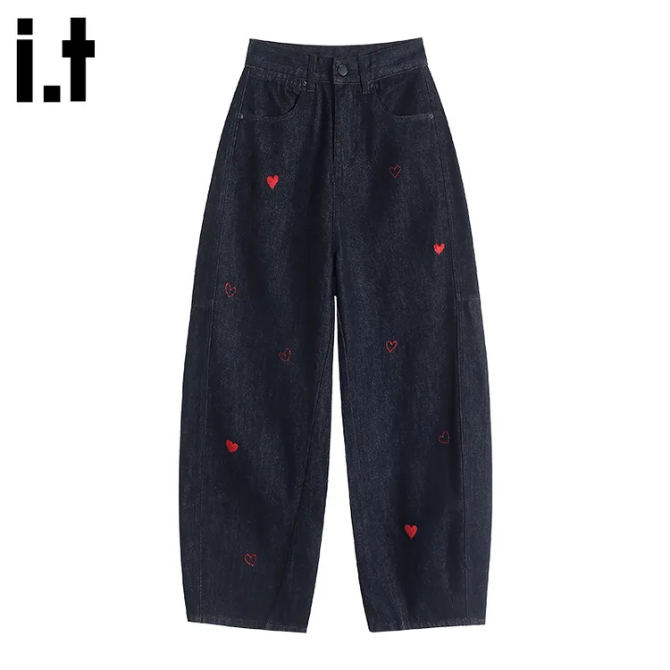it :CHOCOOLATE爱心印花阔腿牛仔裤女士春秋宽松百搭休闲直筒裤