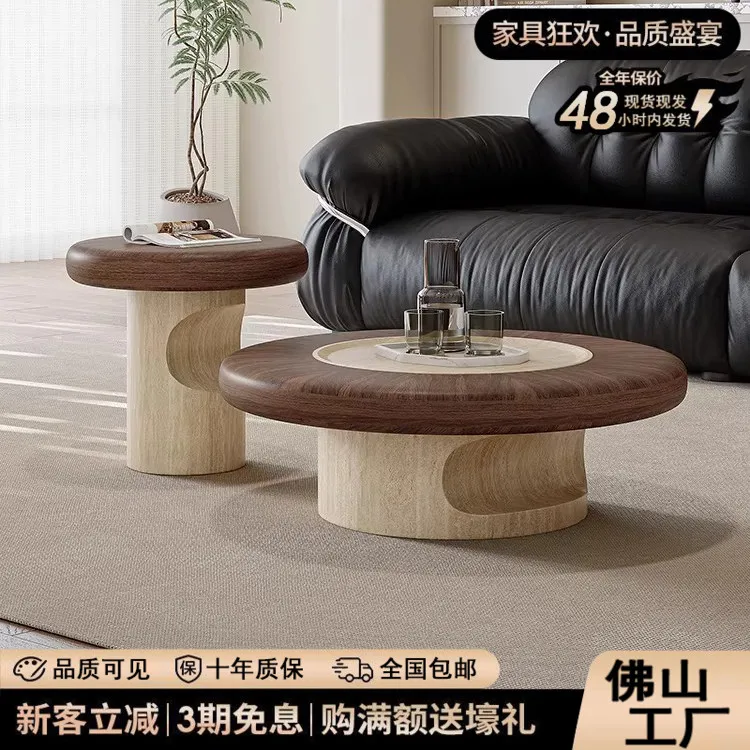 圆形茶几客厅2025新款高级感小户型洞石茶几奶油风法法式复古风
