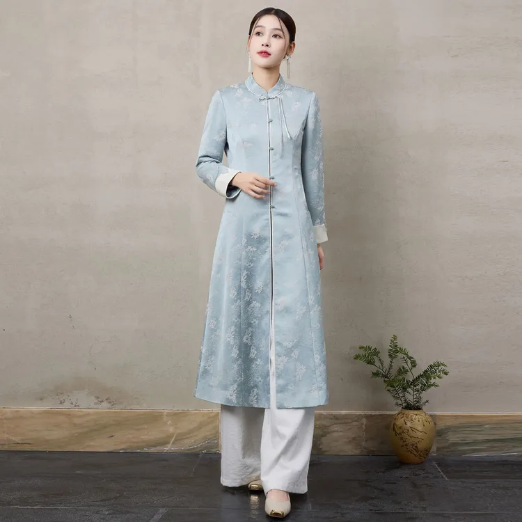 H332国风蓝色唐装外套改良旗袍新中式盘扣长款提花高端气质汉服秋
