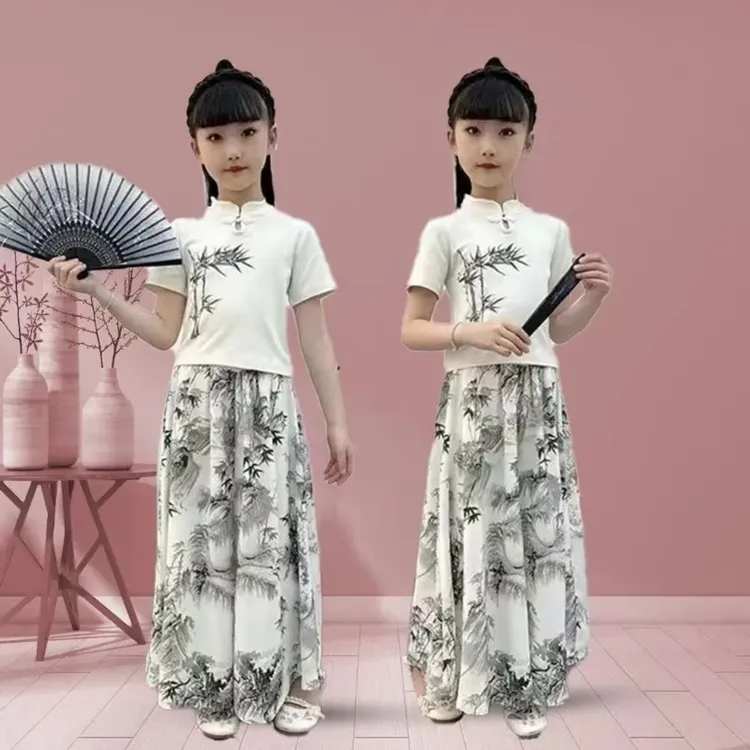 2025新款夏季两件套洋气半身裙女童套装中大重国风新中式儿童短袖
