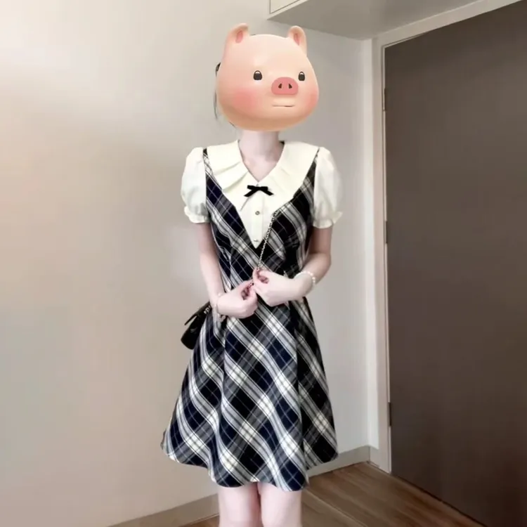 气质学院风假两件格子连衣裙女夏季高级感收腰法式泡泡袖显瘦裙子