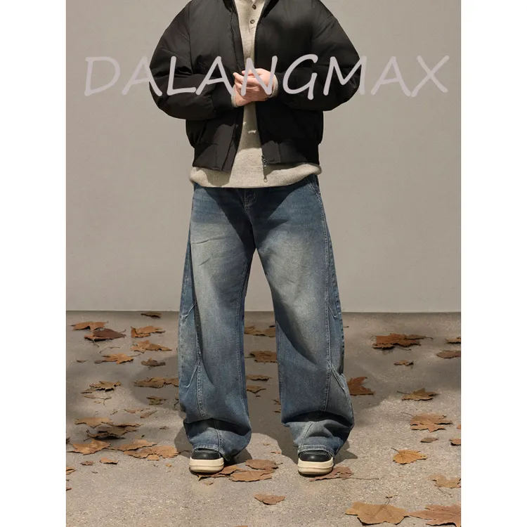 DALANGMAX【弯刀剪裁】陈达浪大码男装秋冬日系水洗做旧牛仔裤复古
