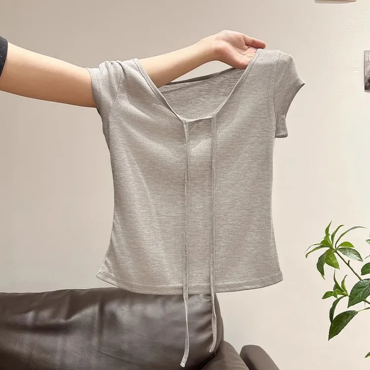 灰色好韩好高级！U领系带设计感短袖T恤女装2025夏季薄款凉感正肩