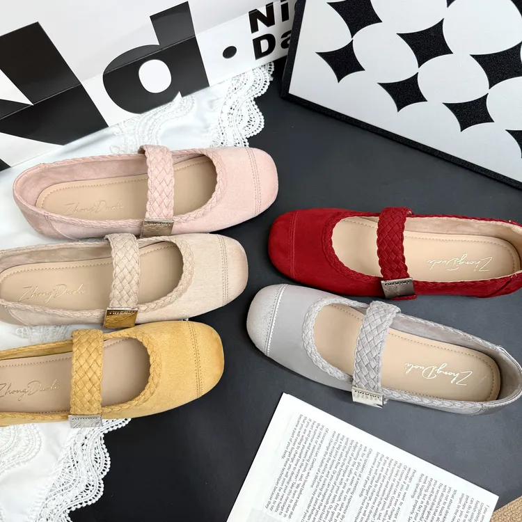 小个子羊皮内增高一字绑带浅口单鞋舒适百搭纯色休闲平跟平底单鞋