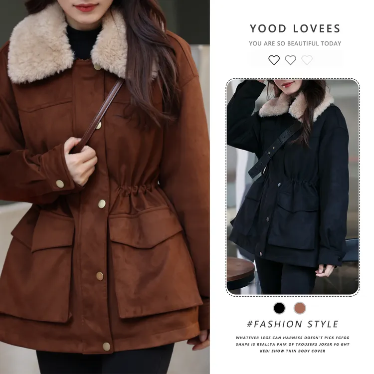 时尚上衣女2025冬季新款洋气收腰毛毛领拼接加厚保暖中长款外套