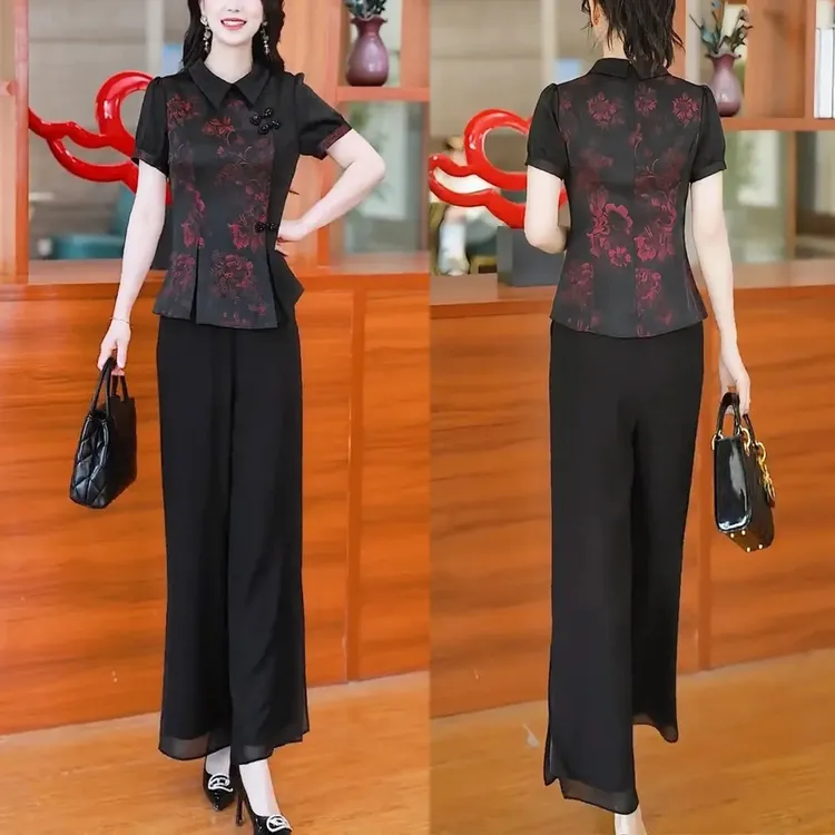 2026夏季新款时尚气质显瘦国风盘扣短袖印花上衣阔腿裤两件套装女