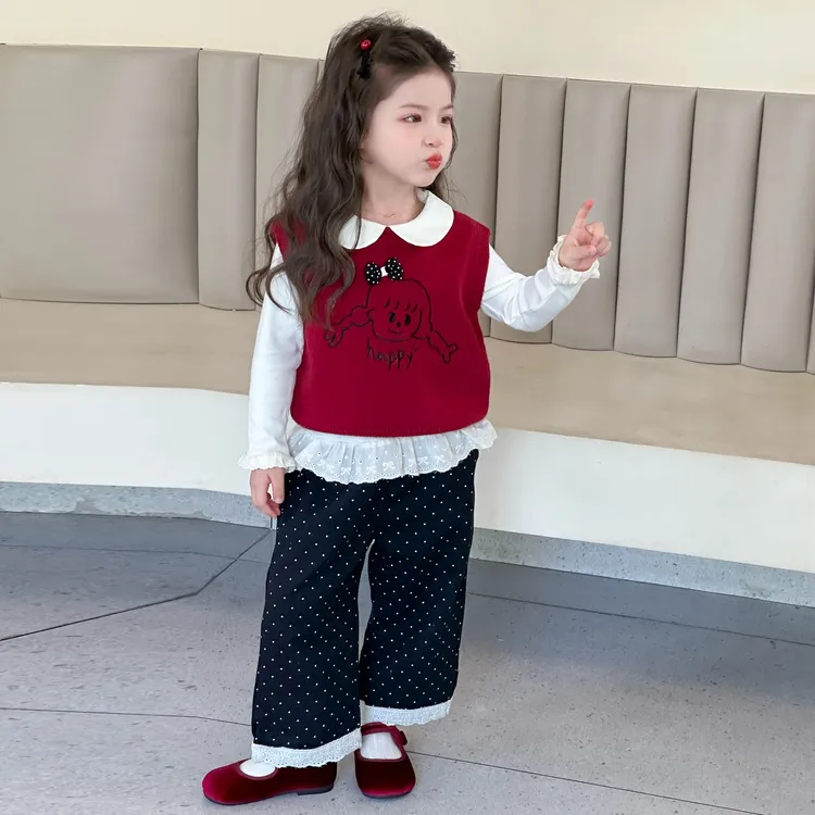 女童秋装套装2025新款儿童休闲波点裤洋气好看女宝韩版马甲三件套