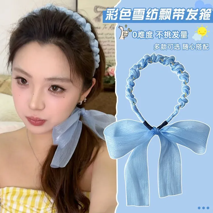 超仙蓝色雪纺飘带齿梳发箍女高颅顶编发带丝巾气质蝴蝶结绑发头箍