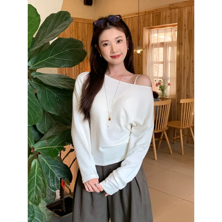 长袖T恤女露肩上衣米白色弯刀阔腿裤女休闲运动裤子香蕉卫裤套装
