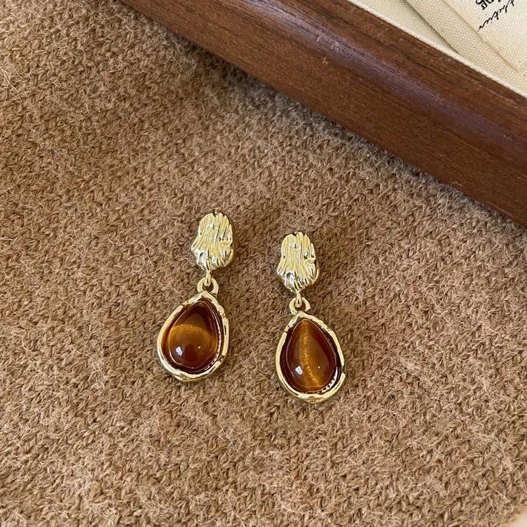 合金耳饰 秋冬美拉德虎眼石水滴耳钉女复古晕染花朵耳饰好看百搭