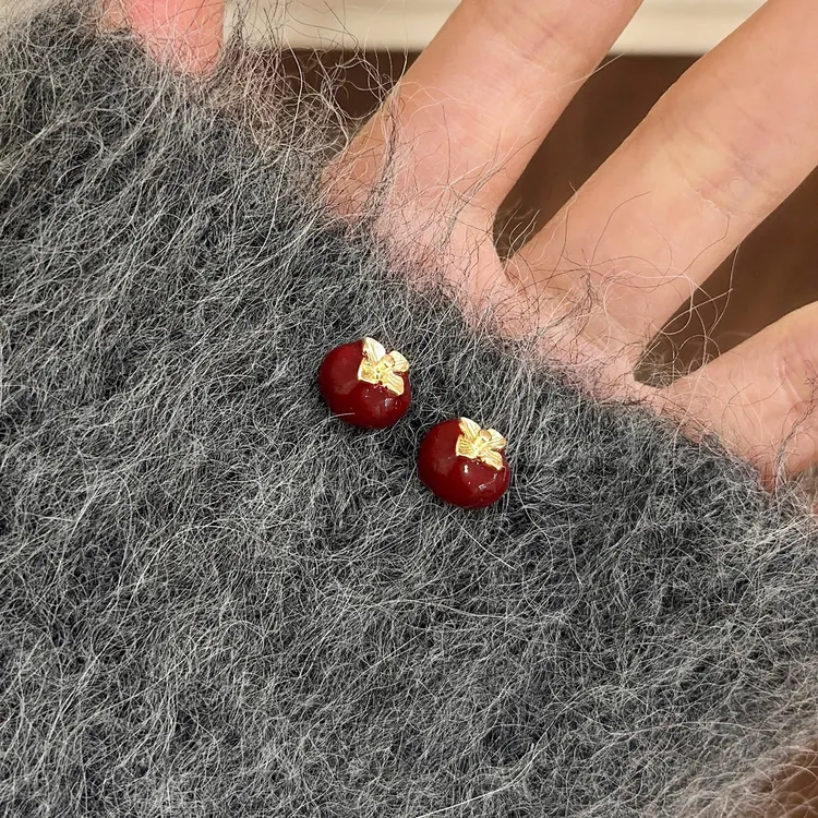 合金耳饰 复古红色柿柿如意耳钉女秋冬甜美小巧耳饰百搭