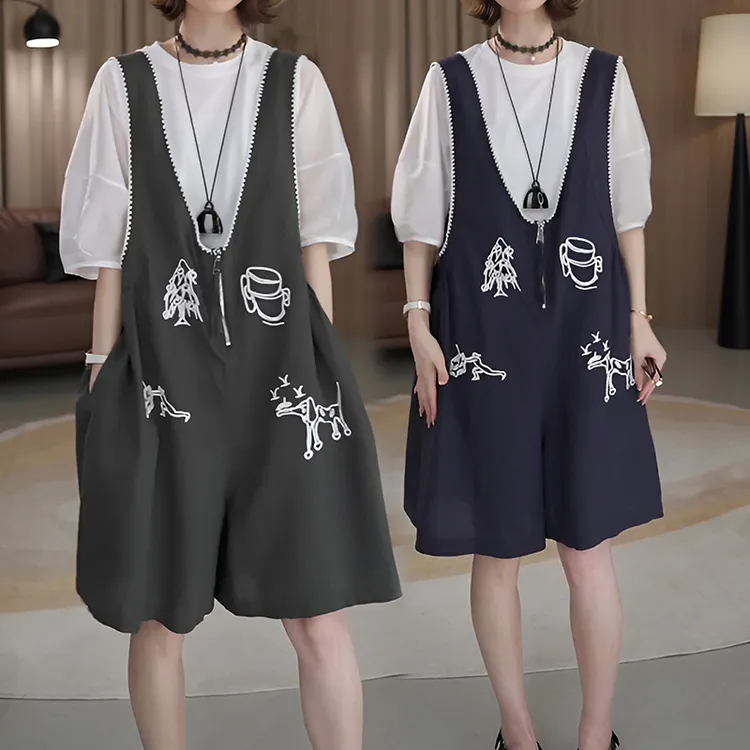 简约纯色T恤刺绣背带裤套装女小个子2025夏季新款可盐可甜两件套