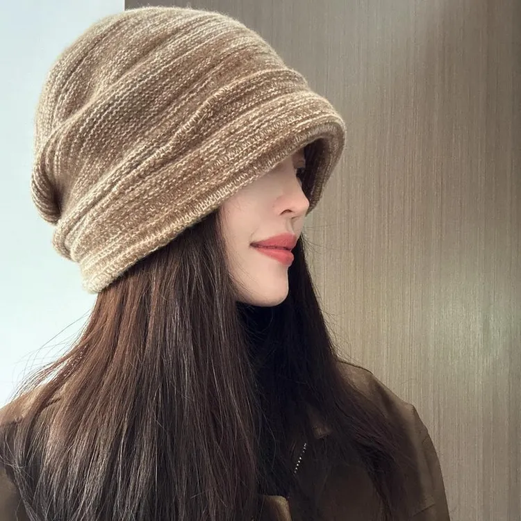 松弛线条感~成型褶皱堆堆帽女100WOOL宽松款两戴针织帽秋冬冷帽