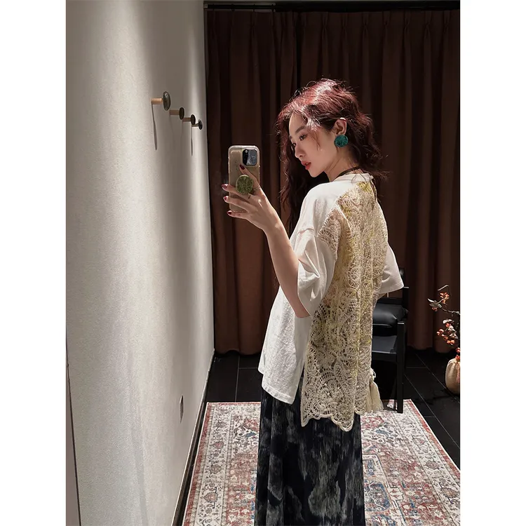 三吉黑花【禾风里】新中式短袖女天丝亚麻绣花T恤夏长袖打底衫潮