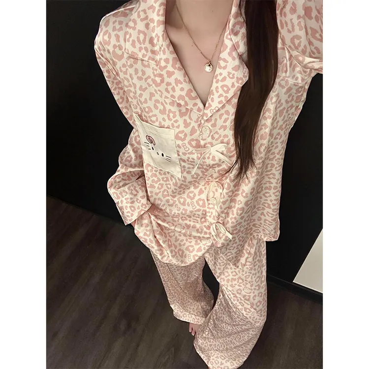 甜美少女豹纹Kitty冰丝睡衣女秋季新款长袖长裤可外穿家居服套装