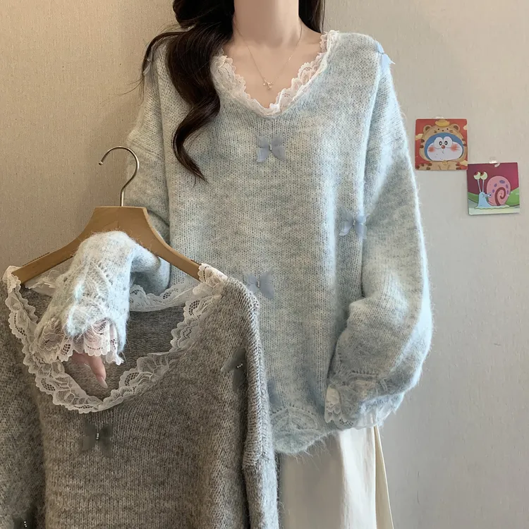 蕾丝花边蝴蝶设计感内搭毛衣蓝色外套女春秋冬大码显瘦针织衫上衣
