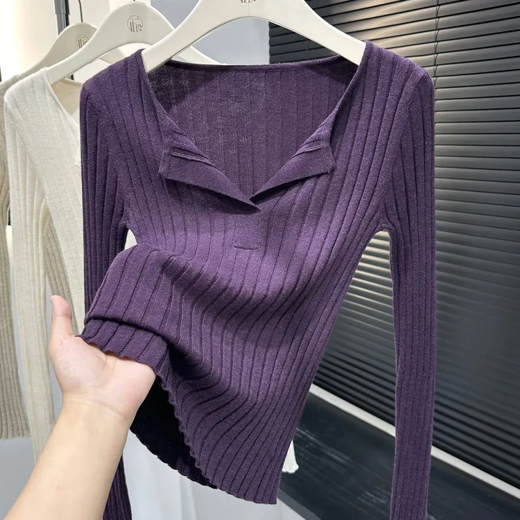 紫色设计感针织翻领上衣女秋冬新款软糯坑条长袖小衫修身显白T恤
