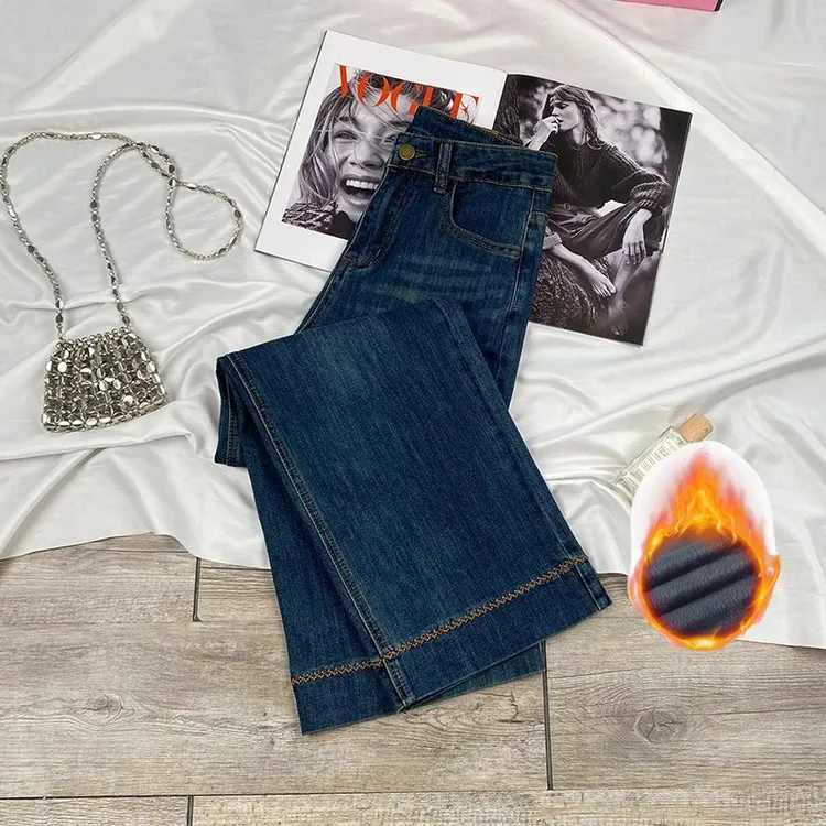 秋冬款加绒显高腰显瘦直筒牛仔裤女九分时尚弹力百搭小个子直筒裤