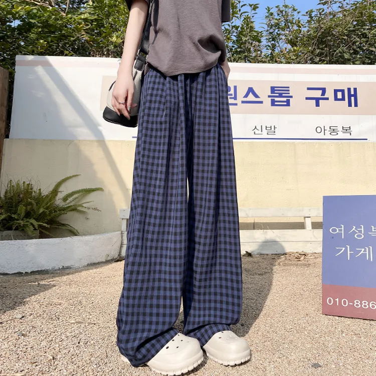 藏蓝色格子裤女春秋夏季2025新款高腰垂感休闲遛弯阔腿直筒山本裤