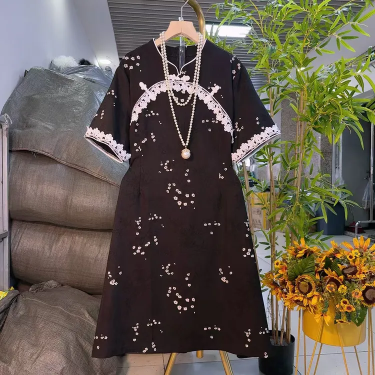 新中式国风盘扣提花连衣裙改良民族风大码微胖遮肉古风夏季25512