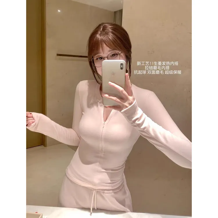 拉链打底磨毛T恤女冬保暖内搭Z 5037#