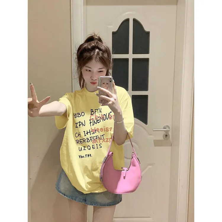 美式复古街头vintage潮牌设计感字母印花黑色短袖t恤衫bf风情侣装