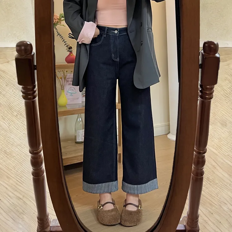 秋季新款阔腿裤女拼接条纹裤脚设计感牛仔裤微胖大码显瘦直筒裤