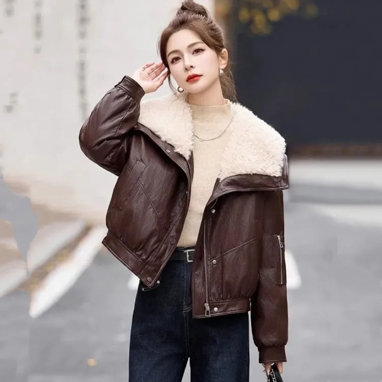 PU皮加厚棉服女港风羊羔毛领皮衣2025冬季新款棉袄保暖派克服外套