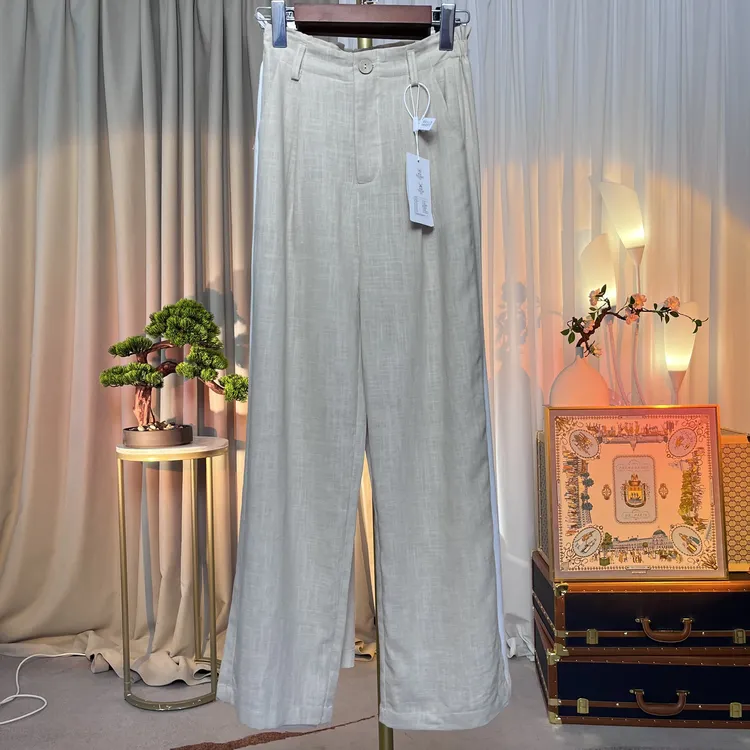 25春夏新款时尚高腰显瘦亚麻宽松女夏季花苞腰薄款长裤休闲直筒裤