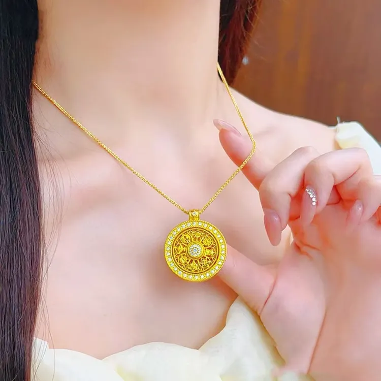 铜合金吊坠 金店同款可转动金镶钻八宝罗盘如意绳铜镀金吊坠
