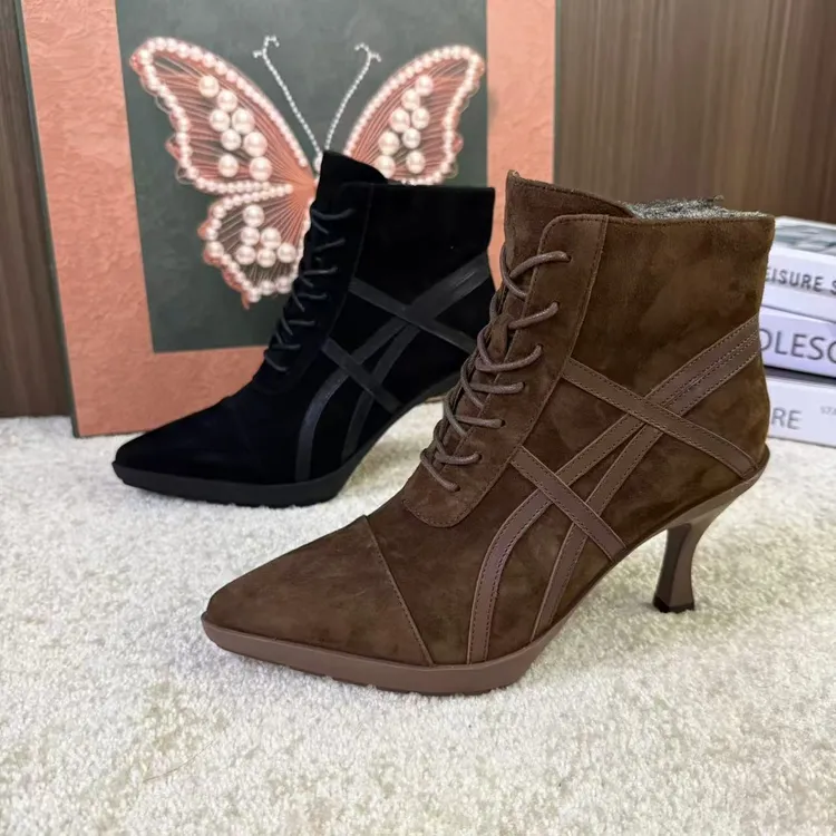 537-02女士细跟百搭尖头女秋季高跟靴子短靴气质时尚拼接