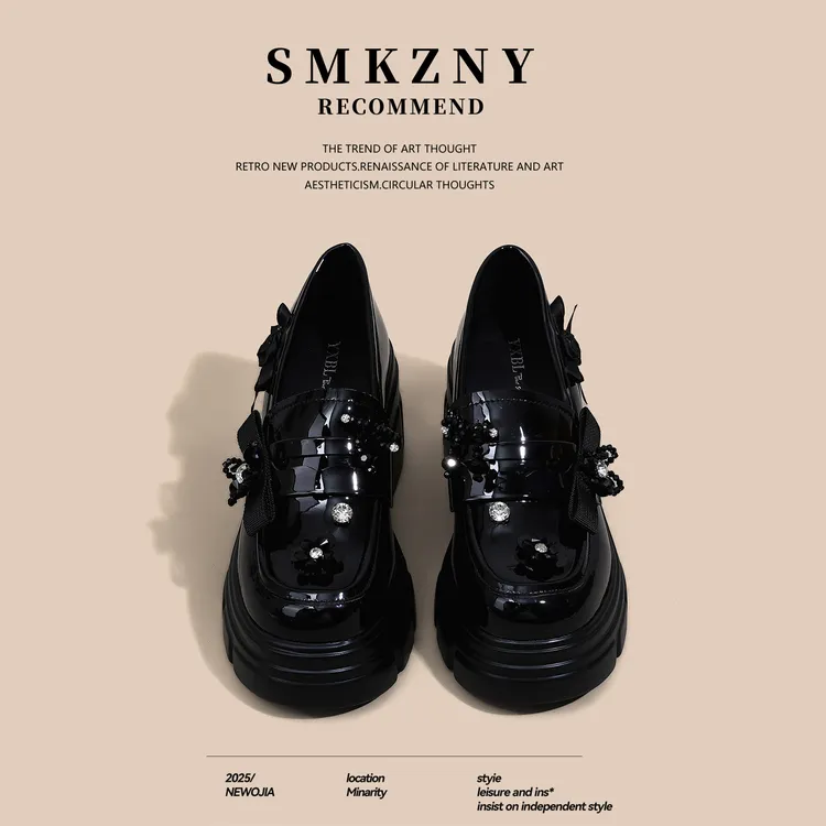 黑色厚底乐福鞋女款2025秋季新款鞋子女百搭漆皮单鞋英伦风小皮鞋