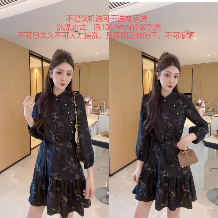 M9A86164  高腰国风初秋黑色休闲显瘦款高级气质连复古精致衣裙